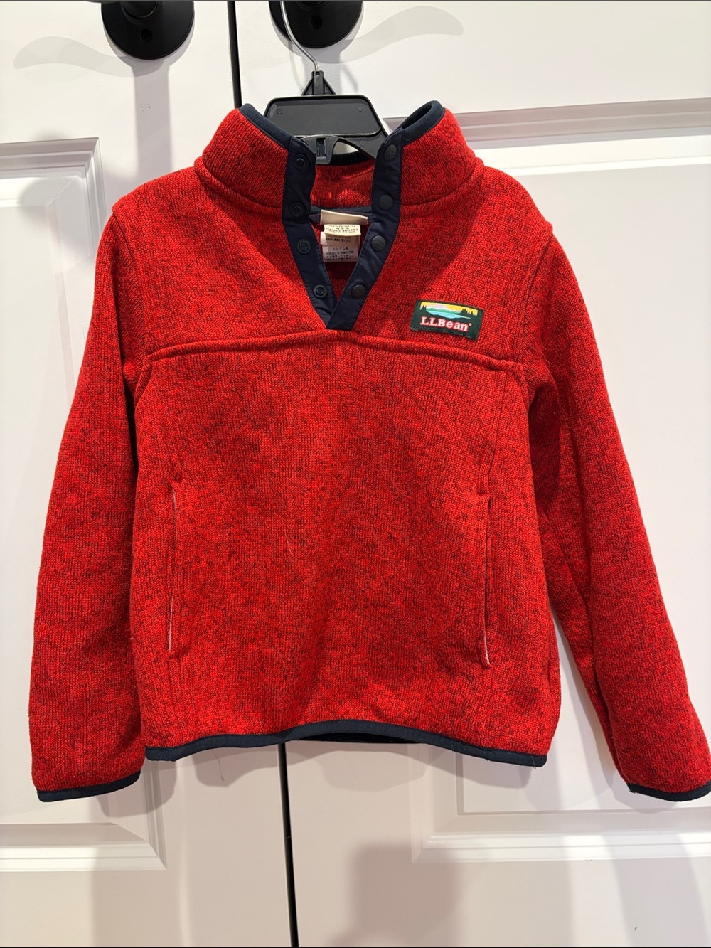 L.L. Bean Red Fleece lined Snap Pullover with Navy Trim